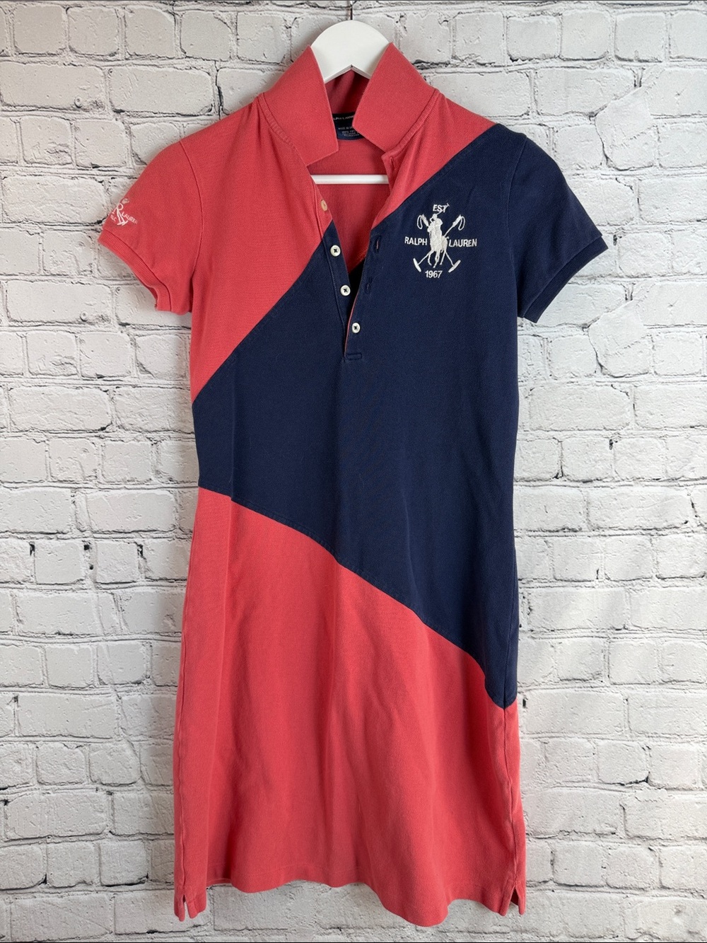 RALPH LAUREN Polo Dress Colorblock Coral Navy Cotton Pony Logo S